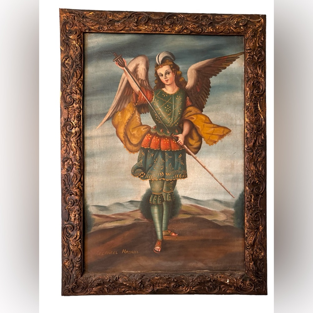 - Antique 1800s Archangel Hadriel Cusco School Peru canvas framed oil pain…
